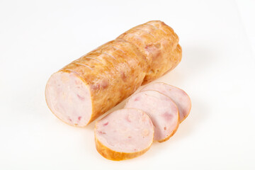 Tasty meat sausages over white background