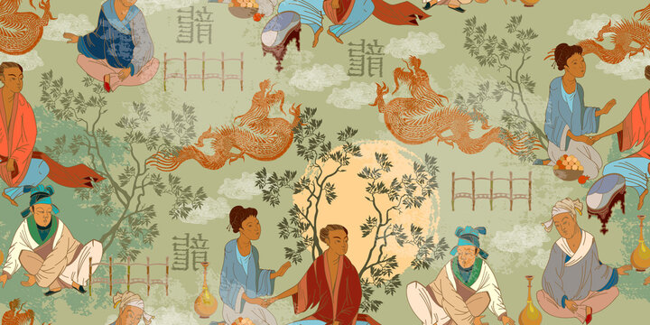 Ancient China seamless pattern. Oriental people. Tea ceremony. Traditional Chinese paintings. Tradition and culture of Asia. Classic wall drawing. Murals and watercolor asian style