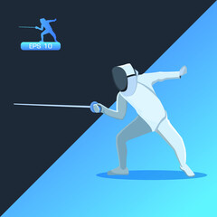 Fencer. Man wearing fencing suit practicing with sword. Vector illustration.