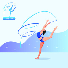 Girl practicing rhythmic gymnast performing with ribbon vector