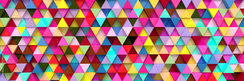 Poster horizontal texture of volumetric multi-colored triangles.