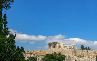 Athens Greece, Parthenon temple on Acropolis hill under slight coludy sky