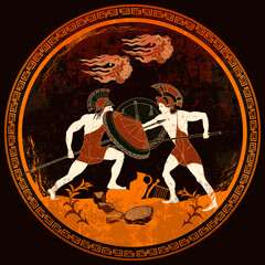 Ancient Greece battle scene. scene. Spartan warriors. Meander circle style. Red figure techniques. Mythology and legends. Greek vase painting concept