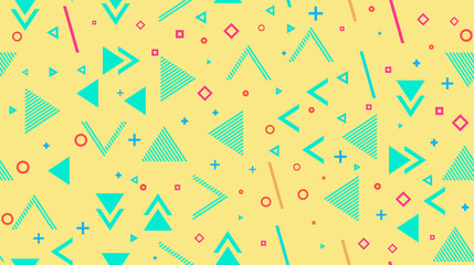 Vector seamless background, abstract geometry, memphis. Multi-colored rhombuses, triangles, pluses, circles, hyphens, perforations.