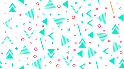 Vector seamless background, abstract geometry, memphis. Multi-colored rhombuses, triangles, pluses, circles, hyphens, perforations.