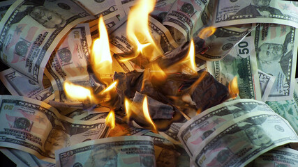 A lot of dollars in the fire, the global financial crisis and inflation, the concept - 357397622