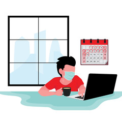 A man in red who wearing mask is staying home during quarantine period feature computer and calendar