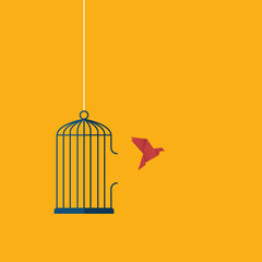 Flying bird and cage. Freedom concept. Emotion of freedom and happiness. Minimalist style. 