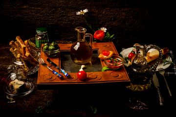 Extra virgin olive oil and organic food.