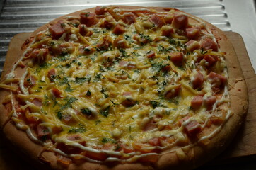 pizza on a wooden board