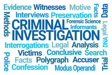 Blue Criminal Investigation Word Cloud with White Background
