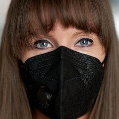 Coronavirus - Closeup portrait of beautiful young women in black face mask. 