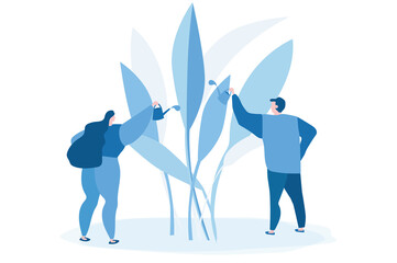 EWEL Brand Identity Draft 2Vector illustration. people grow plants, doing farming job - watering, gathering, planting, World Environment Day, Bio Technology, green planet, globe with trees growing on 