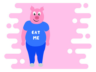 Illustration of a pig wearing a blue shirt that says eat me.