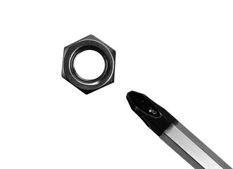 nut and screwdriver on a white background photo with meaning
