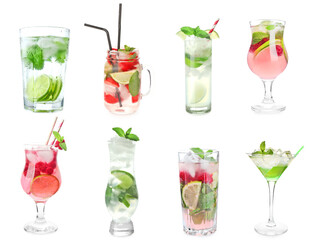 Different fresh mojito cocktails on white background