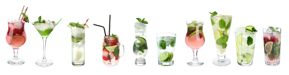 Different fresh mojito cocktails on white background