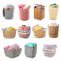 Fototapeta na wymiar Different laundry baskets on white background
