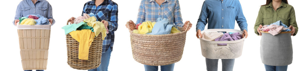 Young people with laundry baskets on white background