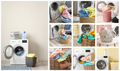 Collage of photos with laundry baskets and people doing laundry at home