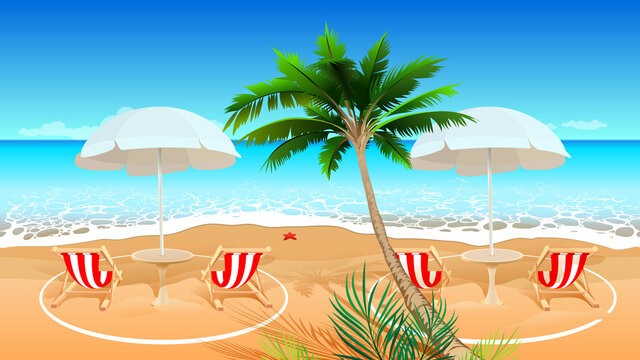 Beach holiday after coronavirus covid 19 epidemic. Chaise longue social distance. Vector cartoon illustration