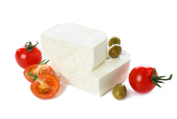 Tasty feta cheese with olives and tomato on white background