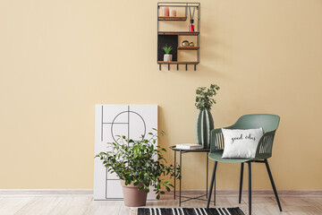 Interior of modern room with table, chair and shelf