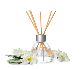 Reed diffuser and flowers on white background