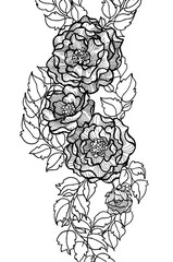 Bouquet of roses with white leaves on the white background. Hand drawn black and white tattoo sketch. Line art work. 