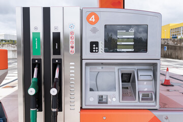 Fuel pumps. Diesel and gasoline pistol on self service petrol pump