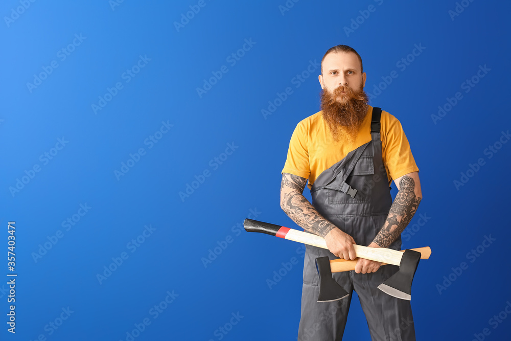 Sticker Handsome lumberjack on color background