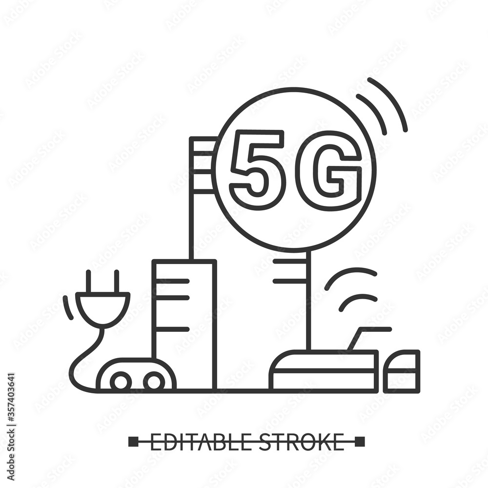 Poster 5g wireless icon. line pictogram of cityscape with wireless data transmissions. smart city and moder