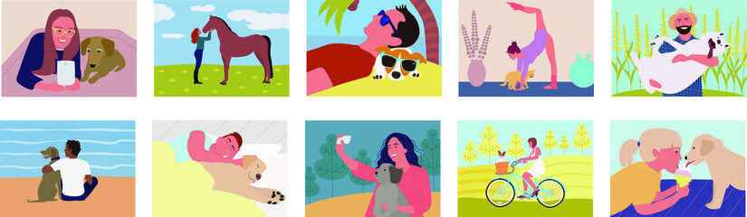 Fototapeta premium Set of scenes with pet owners. A collection of cute funny men and women spending time with their pets, walking, hugging and playing with them. Flat cartoon colorful vector illustration.