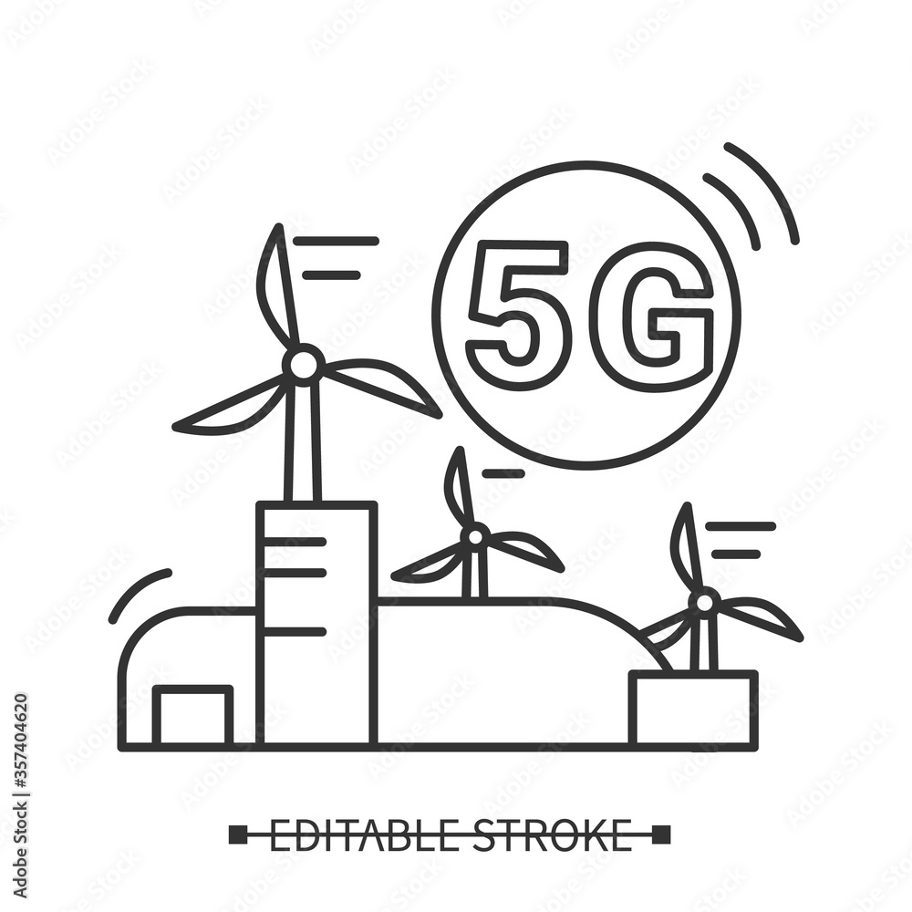 Poster 5g green energy icon. windmill over smart city with 5g linear pictogram. ecology and renewable power