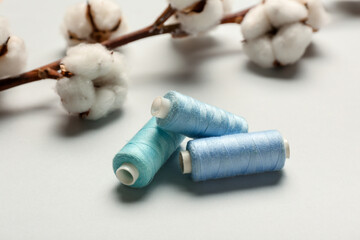 Cotton flowers and threads on light background