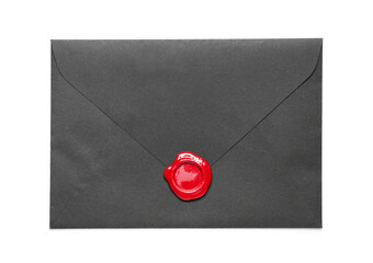 Envelope with wax seal stamp on white background