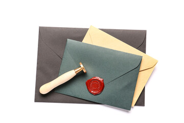 Envelopes with wax seal stamp of notary public on white background