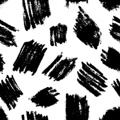 Watercolor brush strokes, blots, stains, vector black white seamless pattern. Dry brush art ink texture background
