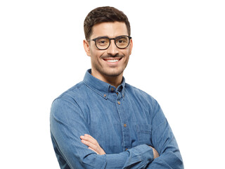 Portrait of young handsome smiling business guy wearing blue shirt and glasses, feeling confident...