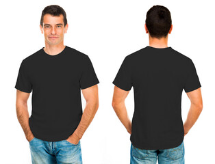 Black t-shirt on a young man isolated on white, front and back view