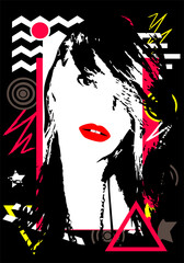 Punk girl with red lips and pink hair, icon, pop art background