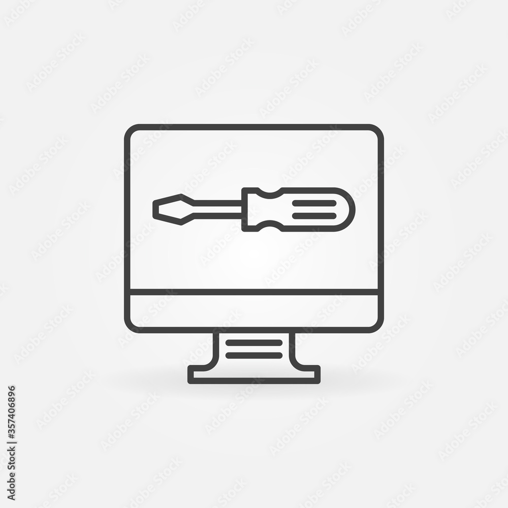 Poster computer with screwdriver outline icon. vector computer repair services concept designs element