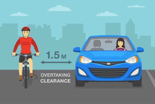 Female driver overtaking a cyclist on road. Front view of cycling bike rider. Keep your distance. Flat vector illustration.