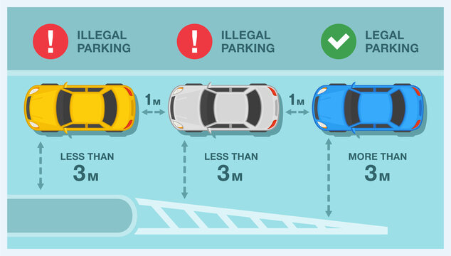 Driving a car. Parallel parking near a solid white centre line rule infographic. Flat vector rule.