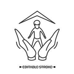Child adoption icon. Boy avatar safe in loving hands, under new home roof. Concept pictogram for orphan adoption and child custody. Editable stroke vector illustration for web and social service.