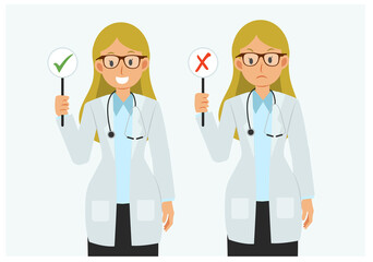 Fototapeta premium Vector flat style cartoon character of Female doctor with a right and wrong sign.