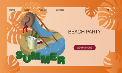 Blue deckchair with wide-brimmed summer hat on beach. Bucket cooler for wine. Concept of touristic website, landing page