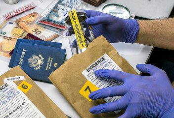 Expert police officer examining American passport of a evidence bag in laboratory of criminology,...