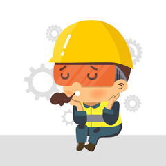 Character construction worker sitting and bored. Concept :burnout syndrome.safety First.