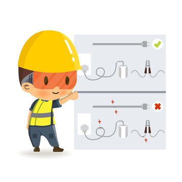 Safety concept, Character construction worker is confused about true or false. Vector illustration.